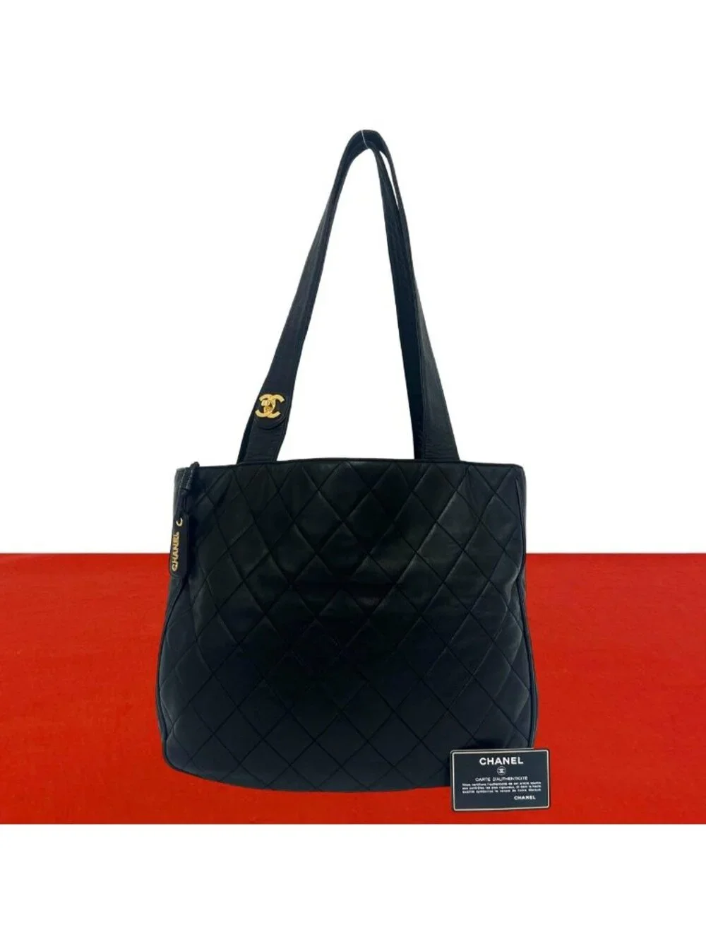 Chanel Vintage Quilted CC Logo Lambskin Leather Tote Bag Black